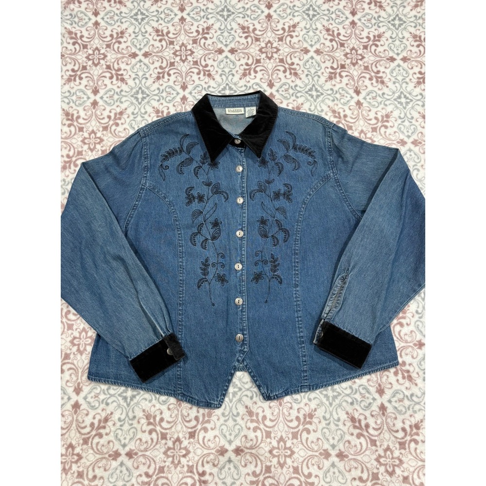 Classic Elements Denim Shirt Womens Large Blue Floral Embroidered Velvet Collar